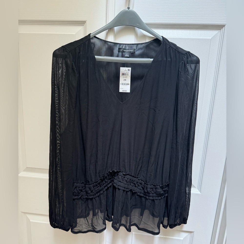 INC black v-neck sheer mesh blouse long sleeve gathered waist 2X NWT
